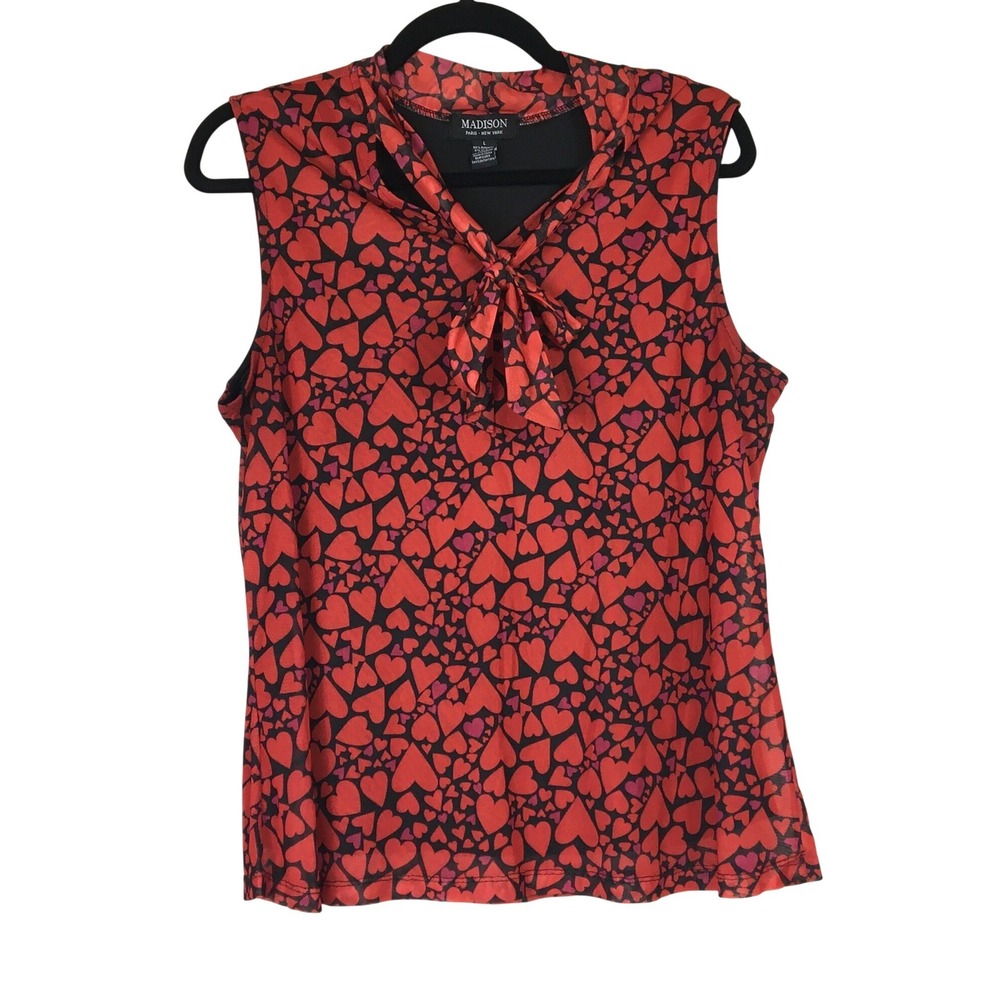 Madison Heart Print Tie Neck Mesh Sleeveless Top Size L Red Black